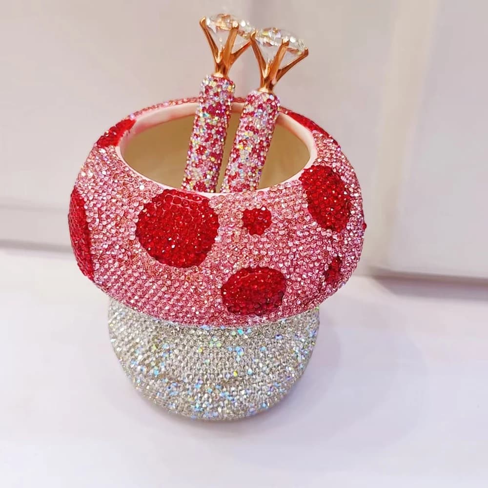 Mushroom Storage Box Ceramic with Rhinestones Store Pens Eyebrow Pencils Makeup Brushes Stationery Utensils Organizer