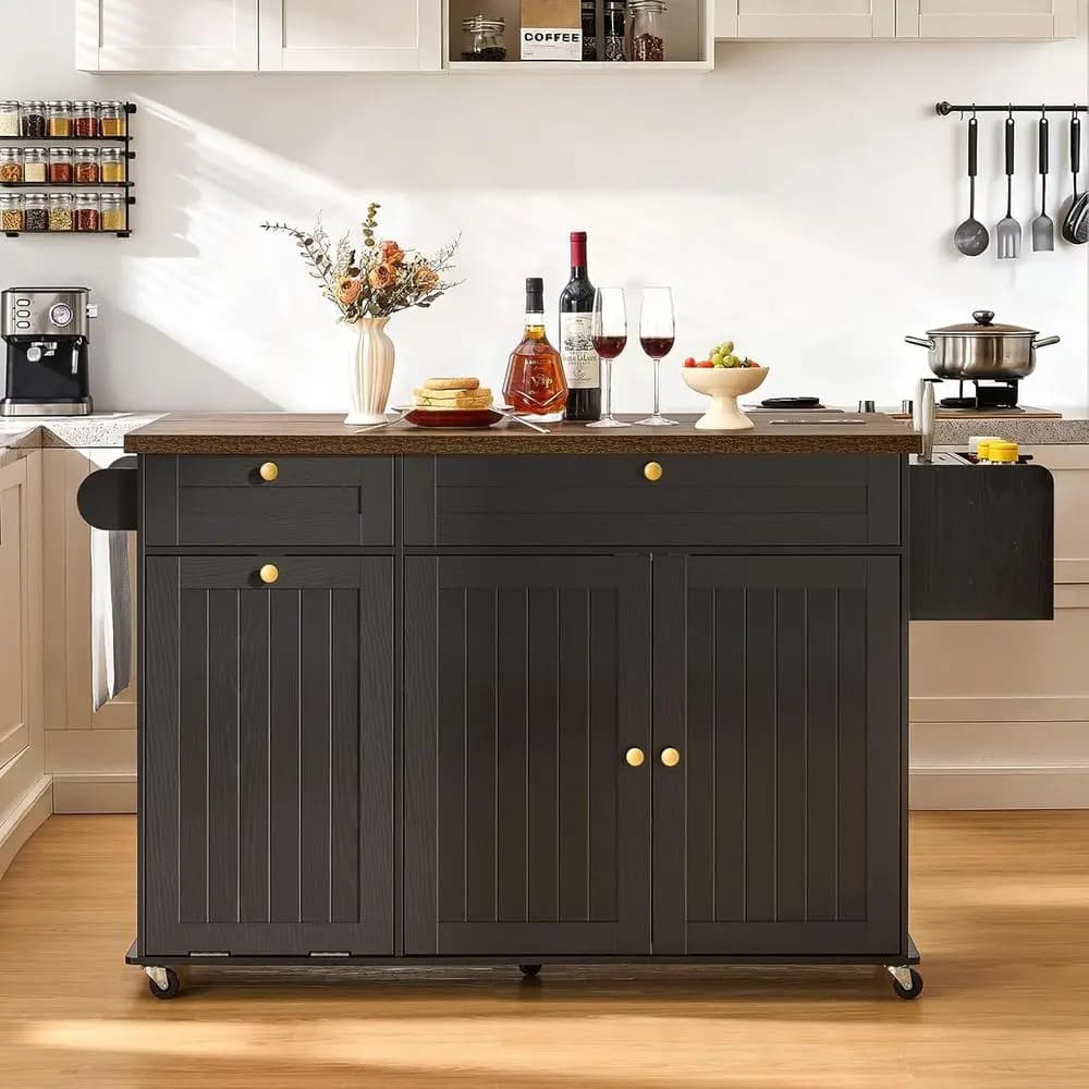 60.2 Isola da cucina mobile nera con contenitore, cestino per rifiuti, piano ribaltabile, presa di corrente, portaspezie, portasciugamani e portacoltelli