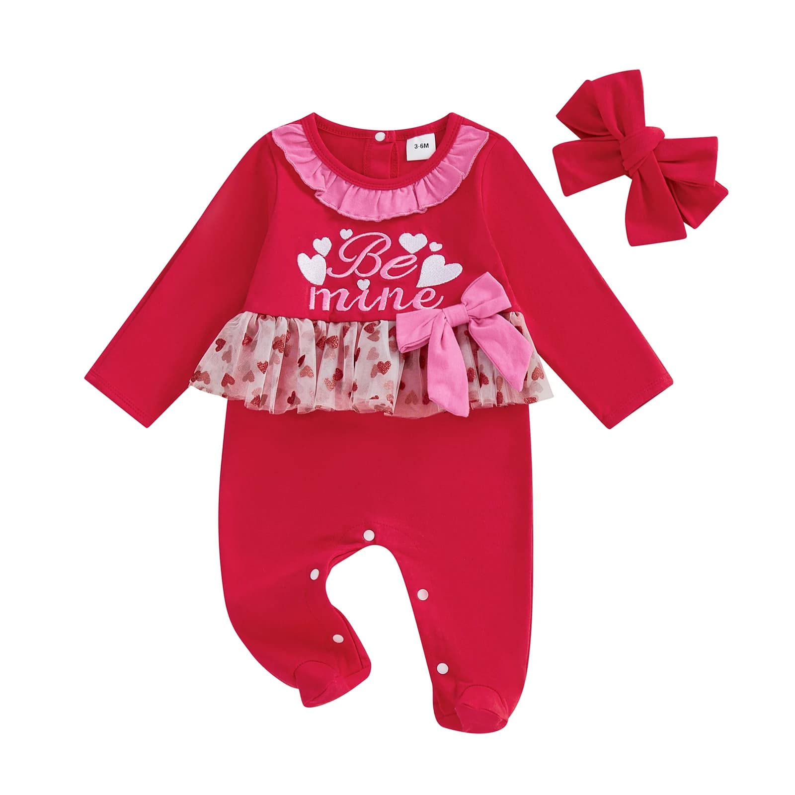 Completo da bambina per San Valentino, pagliaccetto a maniche lunghe con stampa di cuori rossi e fascia per capelli con finiture arricciate e lettera d'amore