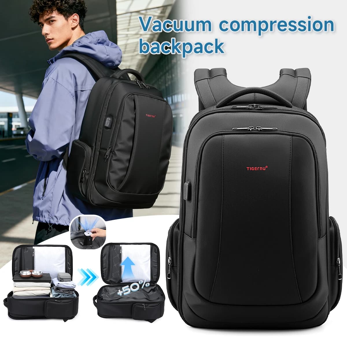 Tigernu Zaino da scuola Zaino da viaggio grande da uomo per zaino a compressione sottovuoto Borse da 15,6 17 pollici Porta USB Zaino per studenti