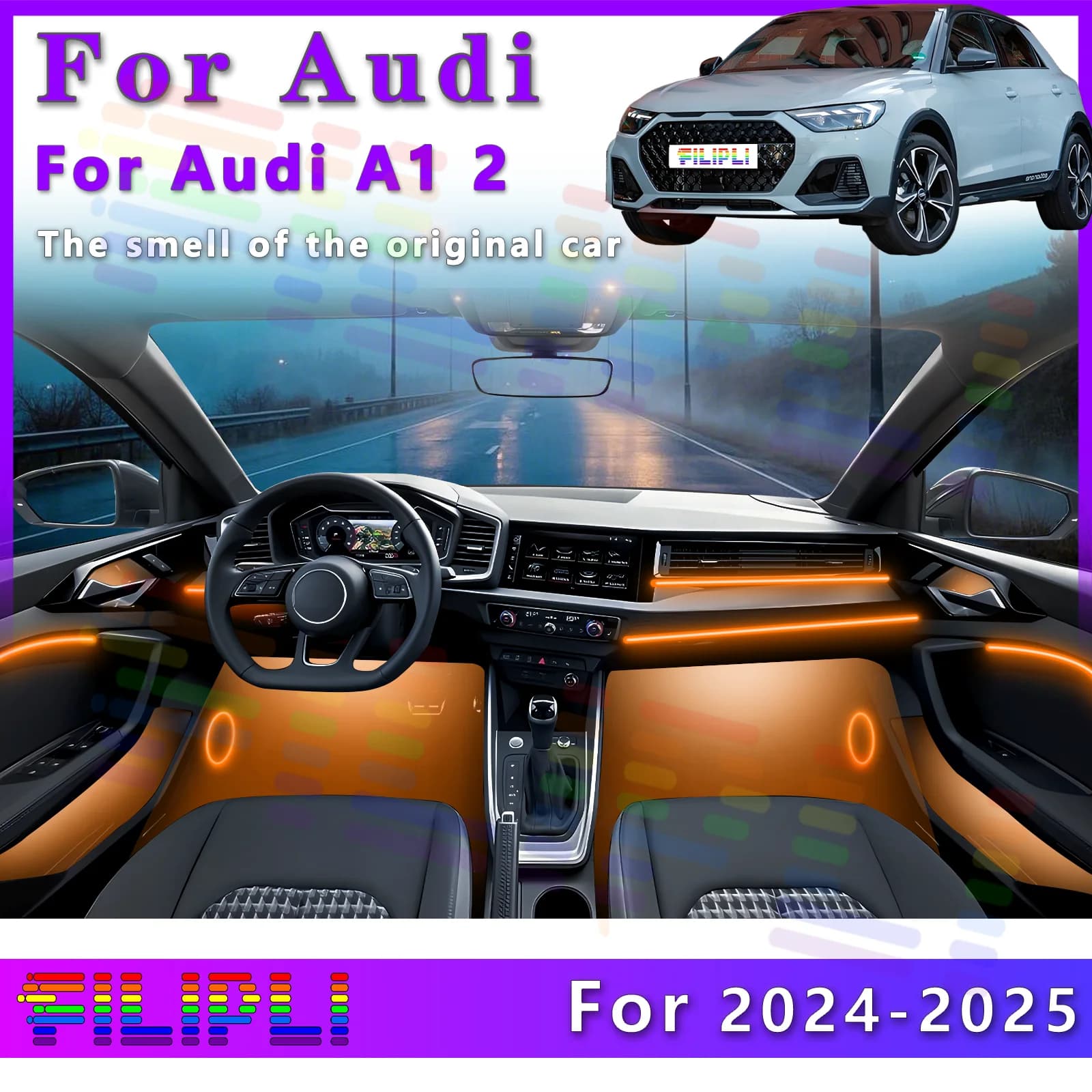 Per Audi A1 2024-2025 Striscia LED RGB per Interni Auto, Luce Ambiente a Fibra Ottica, Lampada Invisibile al Neon, Decorazione con Controllo APP