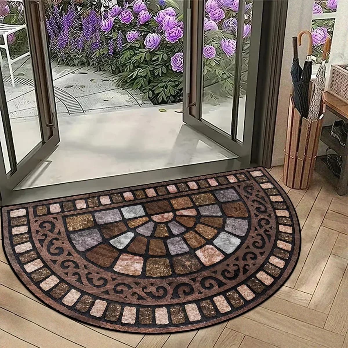 Tappeto d'ingresso semicircolare vintage in finto mattone con stampa mosaico 3D, antiscivolo, lavabile, per interni ed esterni