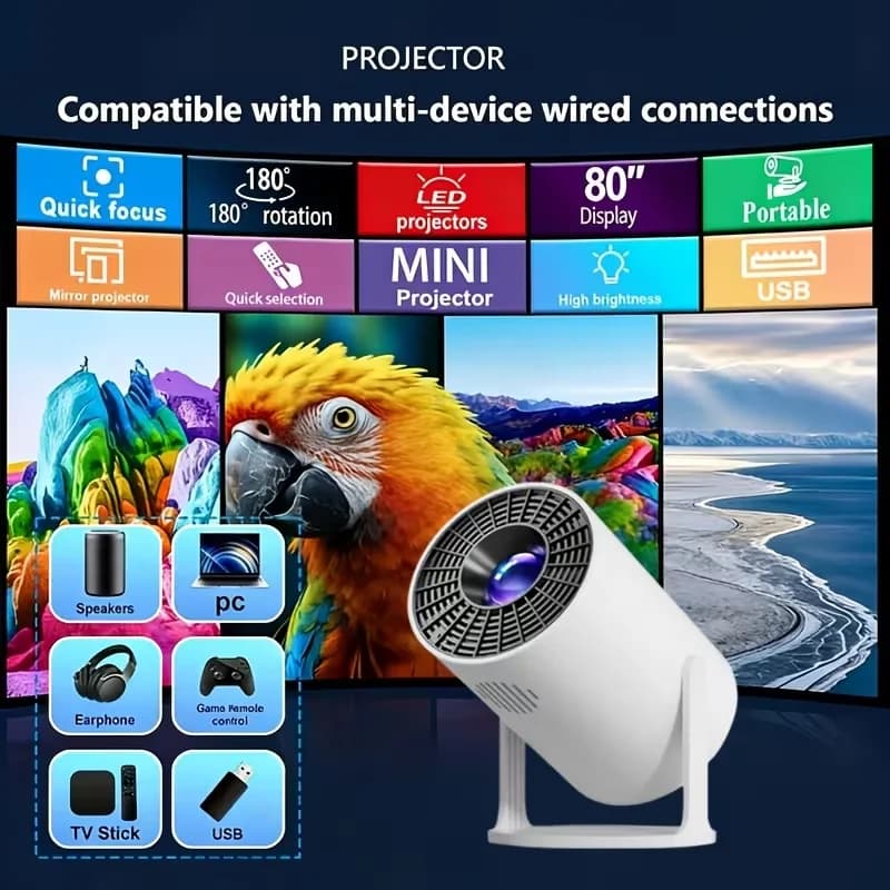 Proiettore Domestico HY300 4K 200ANSI HDMI con Screen Mirroring, Cinema Portatile per Esterni 180 ° Proiettore Rotante