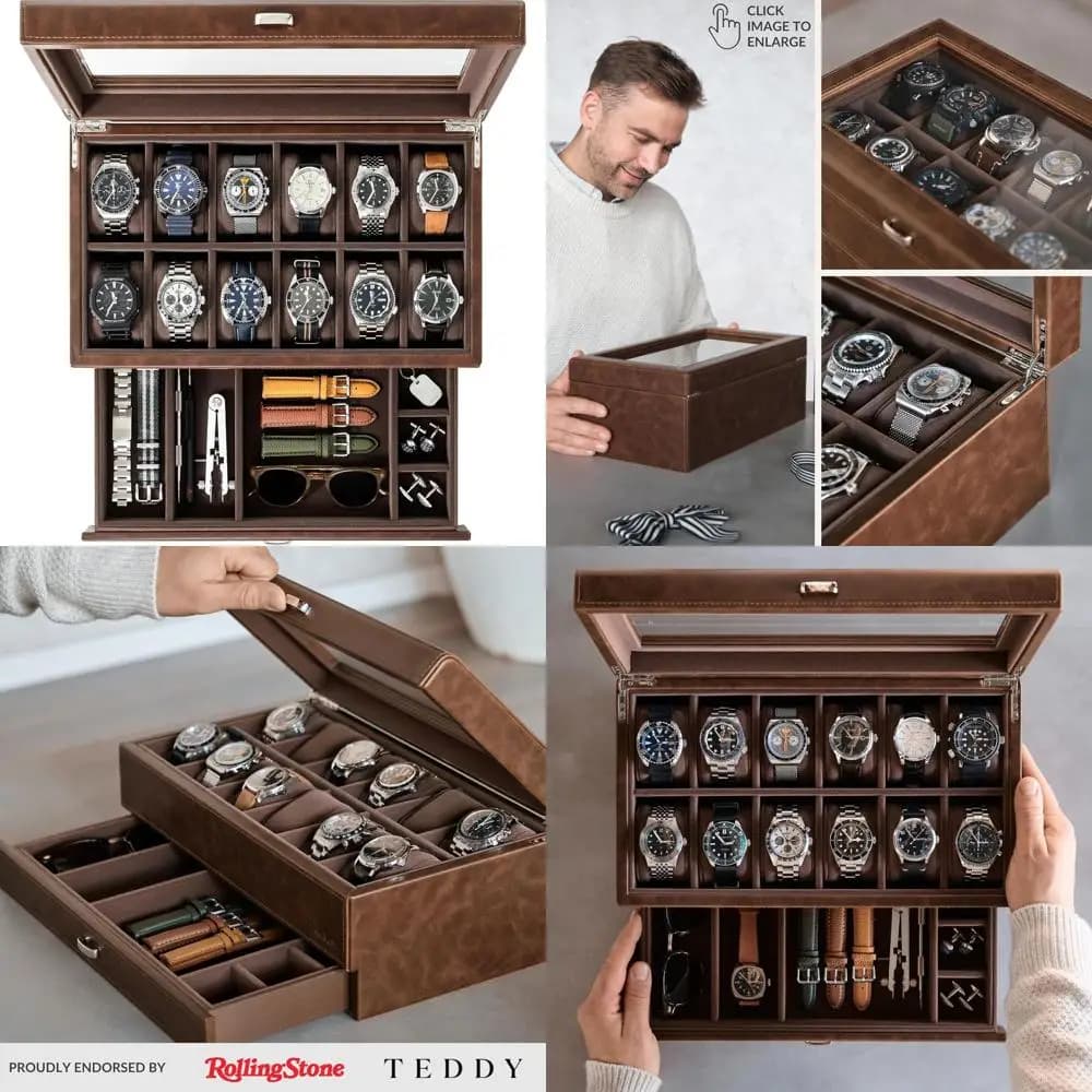 12 compartment watch box with glass lid, storage space and large cushions for large watches - Brown