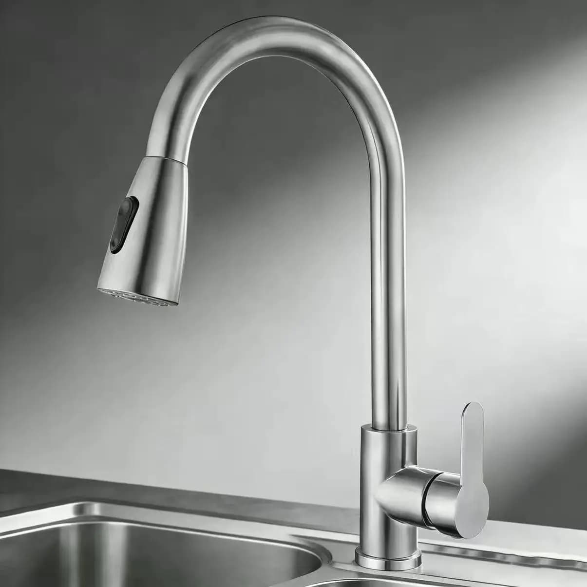 Rubinetti da cucina Nichel spazzolato Estraibile Lavello da cucina Rubinetto per acqua Miscelatore da piano Miscelatore Spruzzatore a flusso Testa Rubinetti caldi freddi Nastro