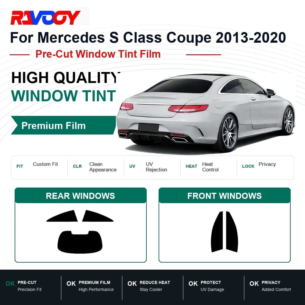 RAVOOY Precut Window Tint, Reusable Removable EPU Film, Custom Fit for Mercedes S Class Coupe 2015-2021, UV Heat Protection