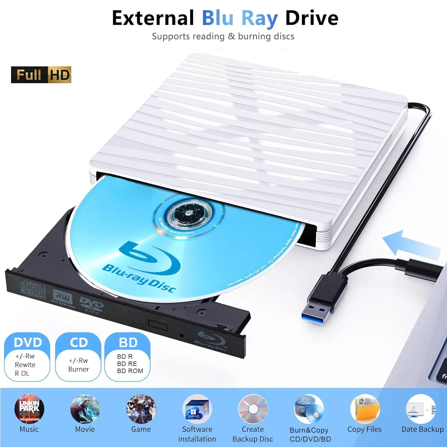 Unità Blu Ray esterna, lettore masterizzatore Blu-ray 3D USB 3.0 e tipo C, unità ottica per lettore DVD/CD/BD per PC desktop portatile