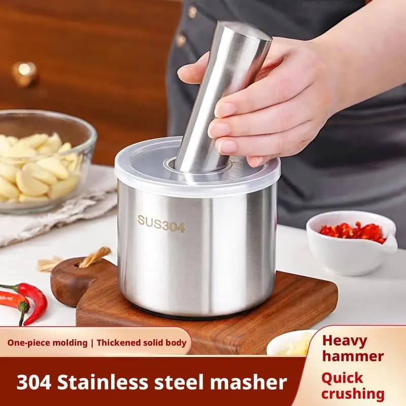 304 Stainless Steel Garlic Mortar and Pestle Set Manual Garlic Crusher Herb Spice Grinder Bowl Kitchen Baby Food Masher