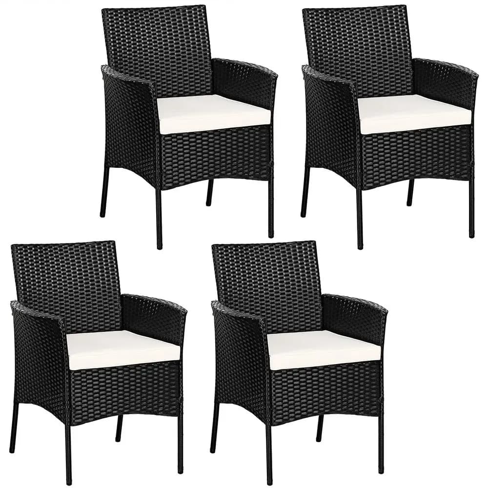 Set di 4 Sedie da Pranzo in Vimini per Patio, Poltrone da Esterno in Rattan PE con Cuscini Rimovibili, Sedie da Pranzo in Vimini per Giardino