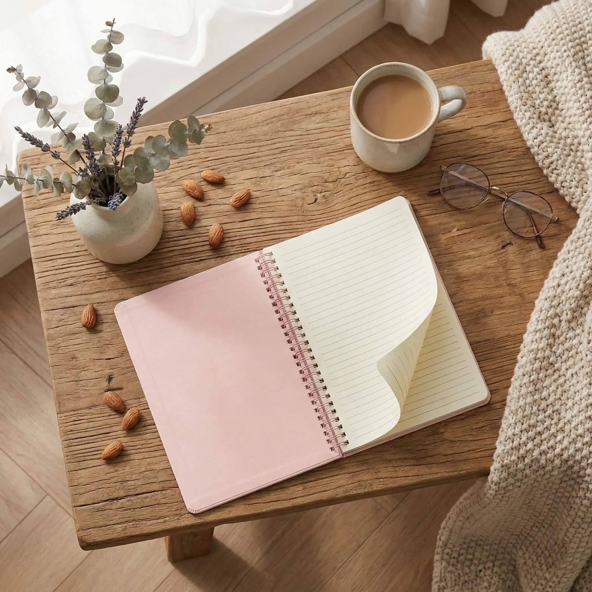Quaderno Minimalista Stile Ins Rosa con Spirale Verticale - Design da Scrivania Autoportante 21×14.2cm, Carta Spessa a Righe, Rilegatura a Doppia Spirale