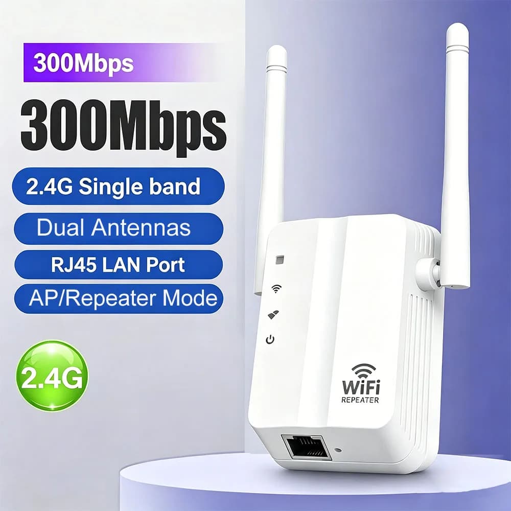 Ripetitore WiFi 300Mbps, Amplificatore di Segnale Wireless 2.4G con Doppie Antenne, Porta RJ45, Modalità AP/Ripetitore