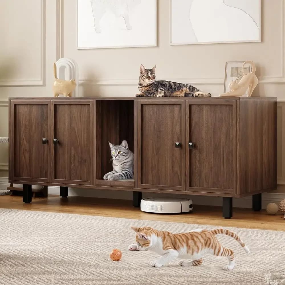 59 Double-Room Cat Litter Box Enclosure with Scratch Pad and Wooden TV Stand Side Table, Walnut Finish