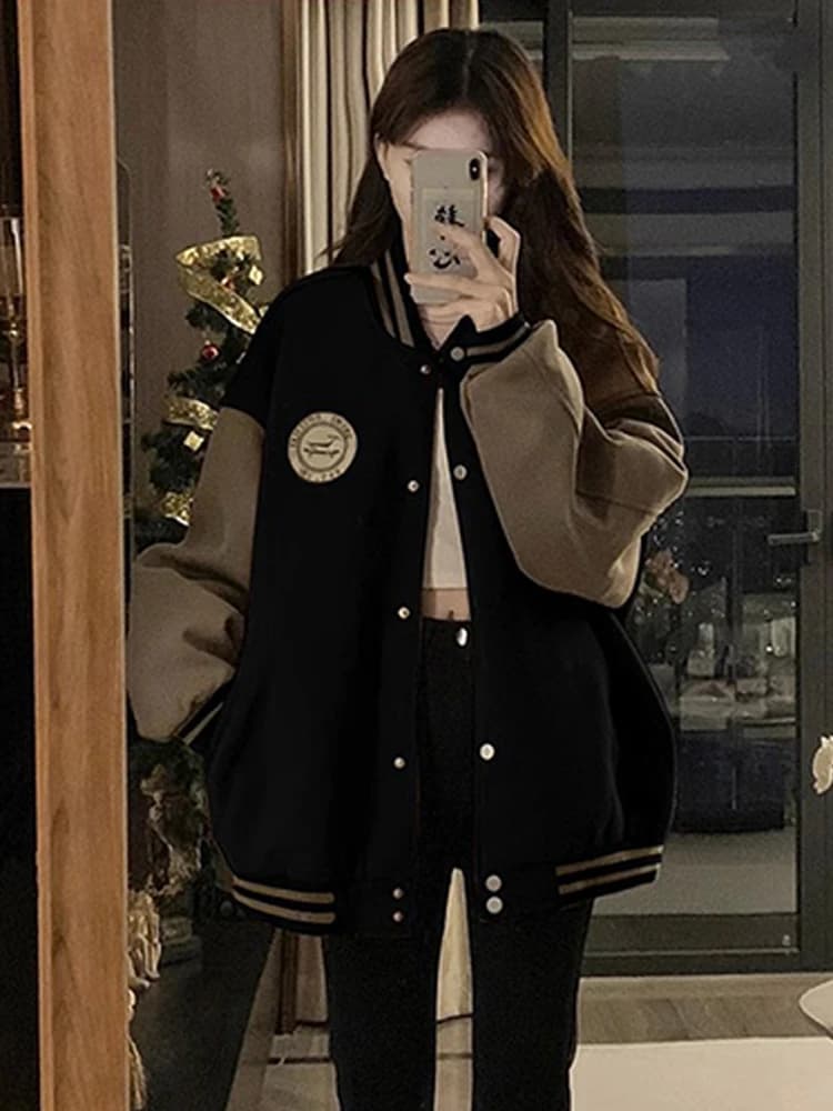 American Style Baseball Jacket Women's Spring Autumn Loose College Style Casual Outerwear Student Loose Fit Pullover Coat