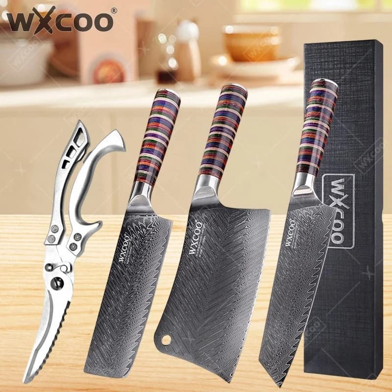 WXCOO Japanese Kiritsuke Chef Knife Damascus Steel VG10 Steel Professional Kitchen Knives Meat Vegetable Cleaver Scissors