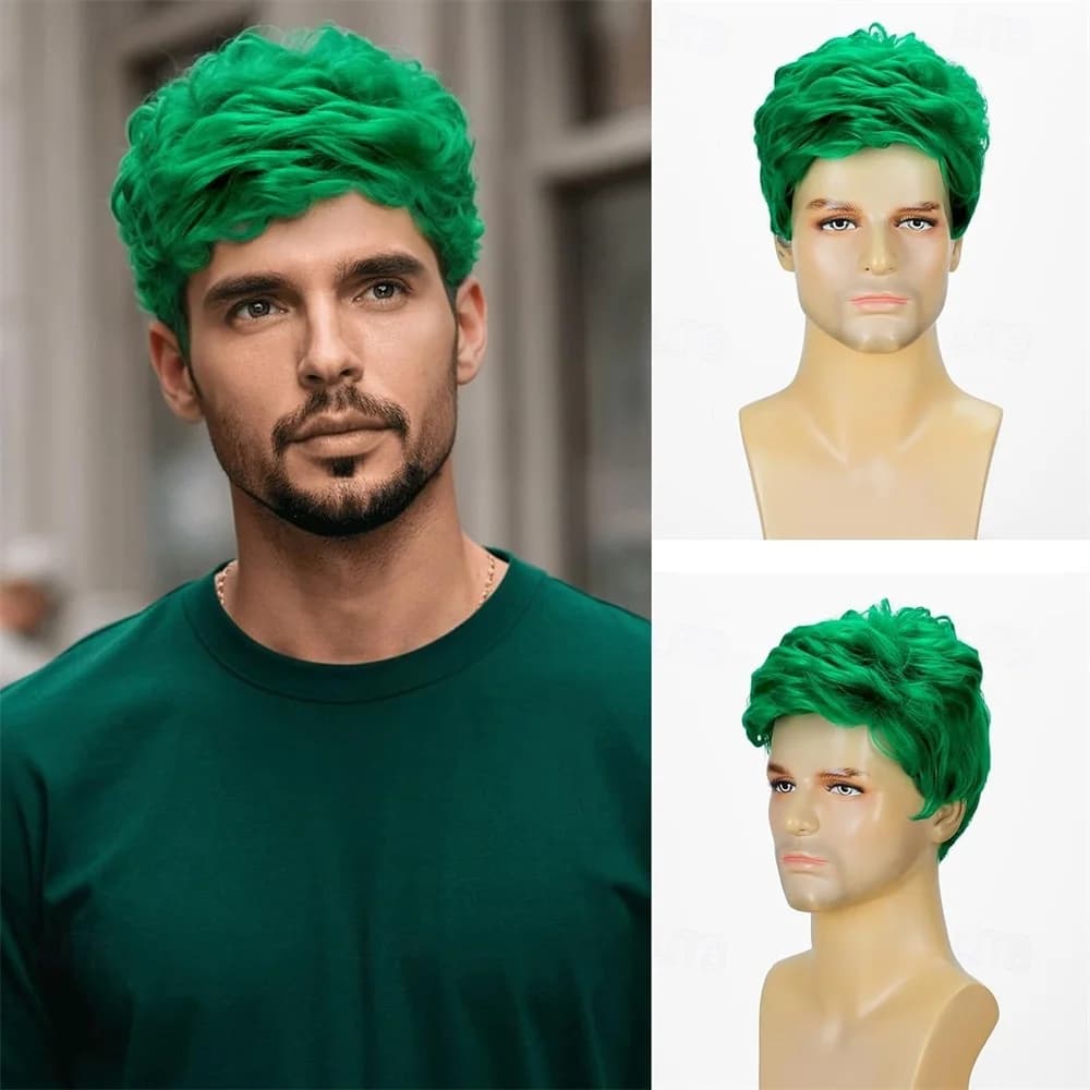 HAIRJOY Parrucche per il giorno di San Patrizio Parrucca per capelli sintetici Corta riccia con frangia Parrucche verdi per uomo