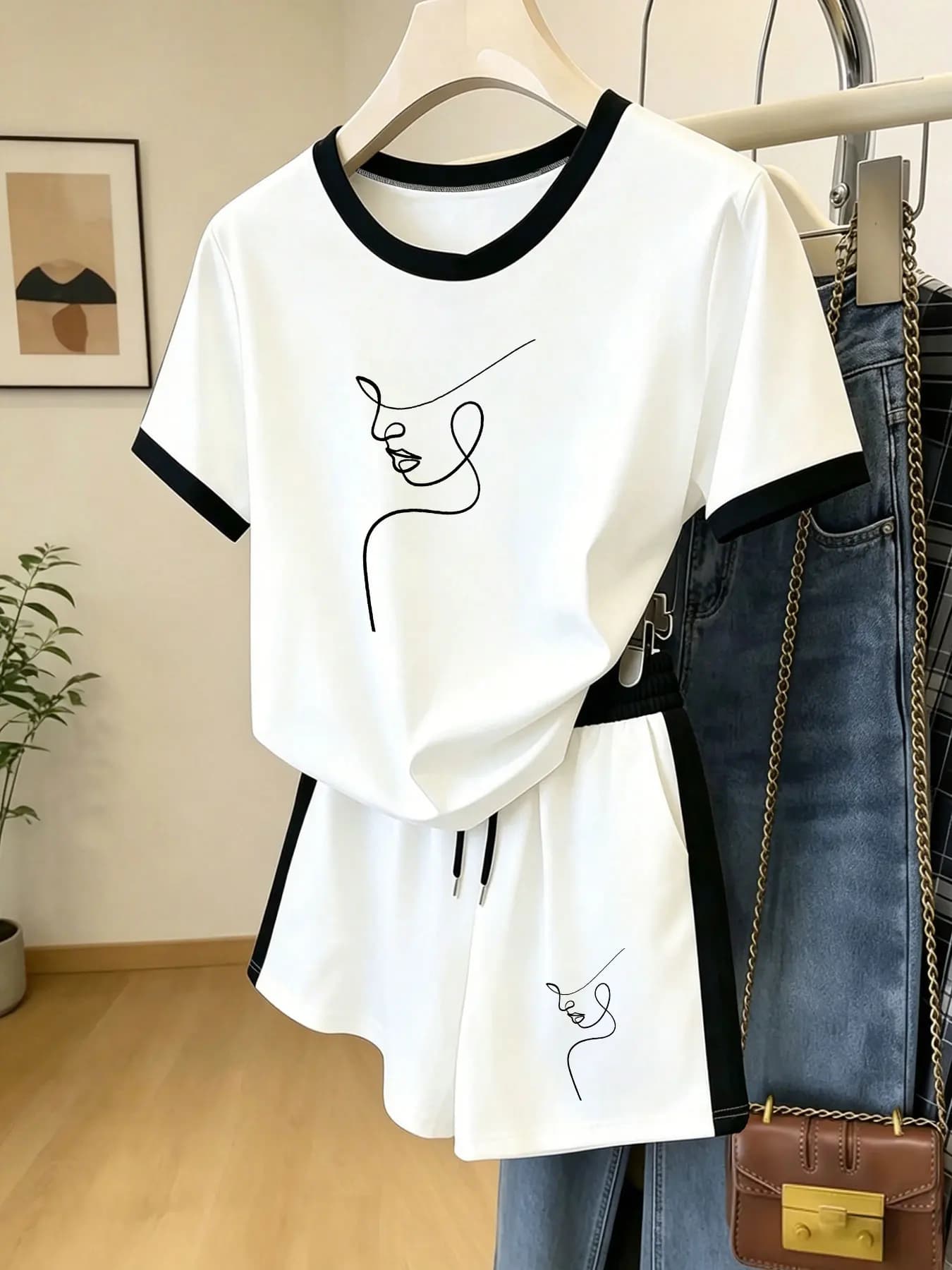 Set Estivo Leggero e Traspirante con Linee a Contrasto e Stampa Ritratto, T-Shirt e Pantaloncini, Completo Due Pezzi
