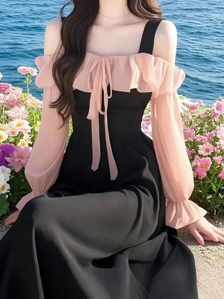 One Shoulder Patchwork Off-shoulder Suspender Dress Female Spring Summer Gentle Korean Styleelegantsilmslimming Look Skirt