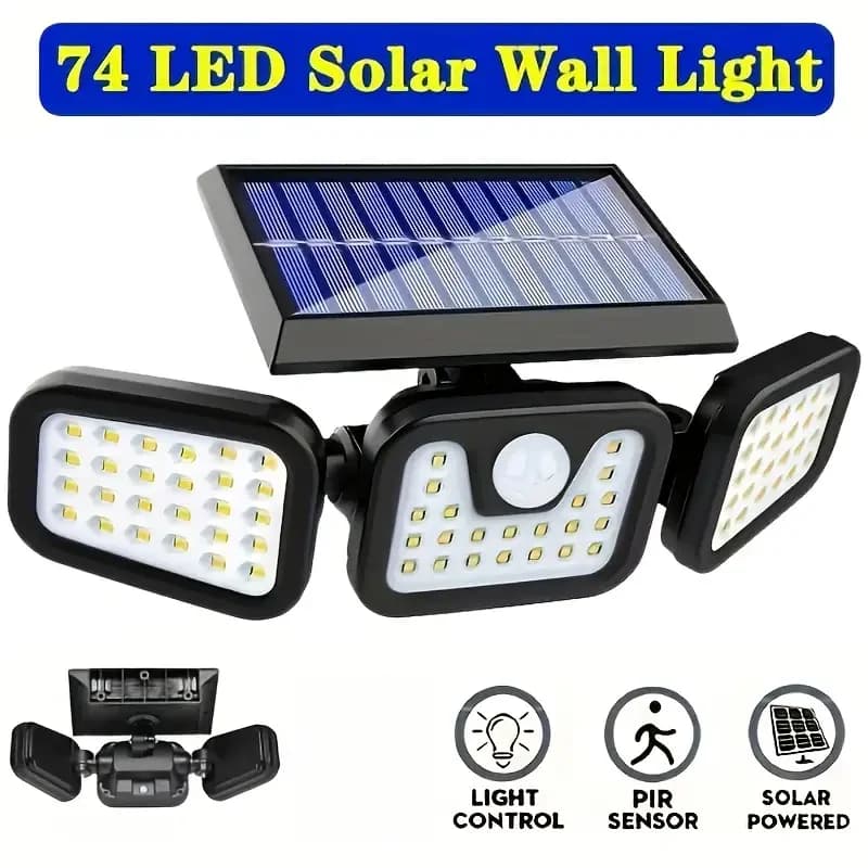Lampada Solare da Parete con 74 LED, Sensore di Movimento, 3 Modalità, Impermeabile, per Giardino e Vialetti