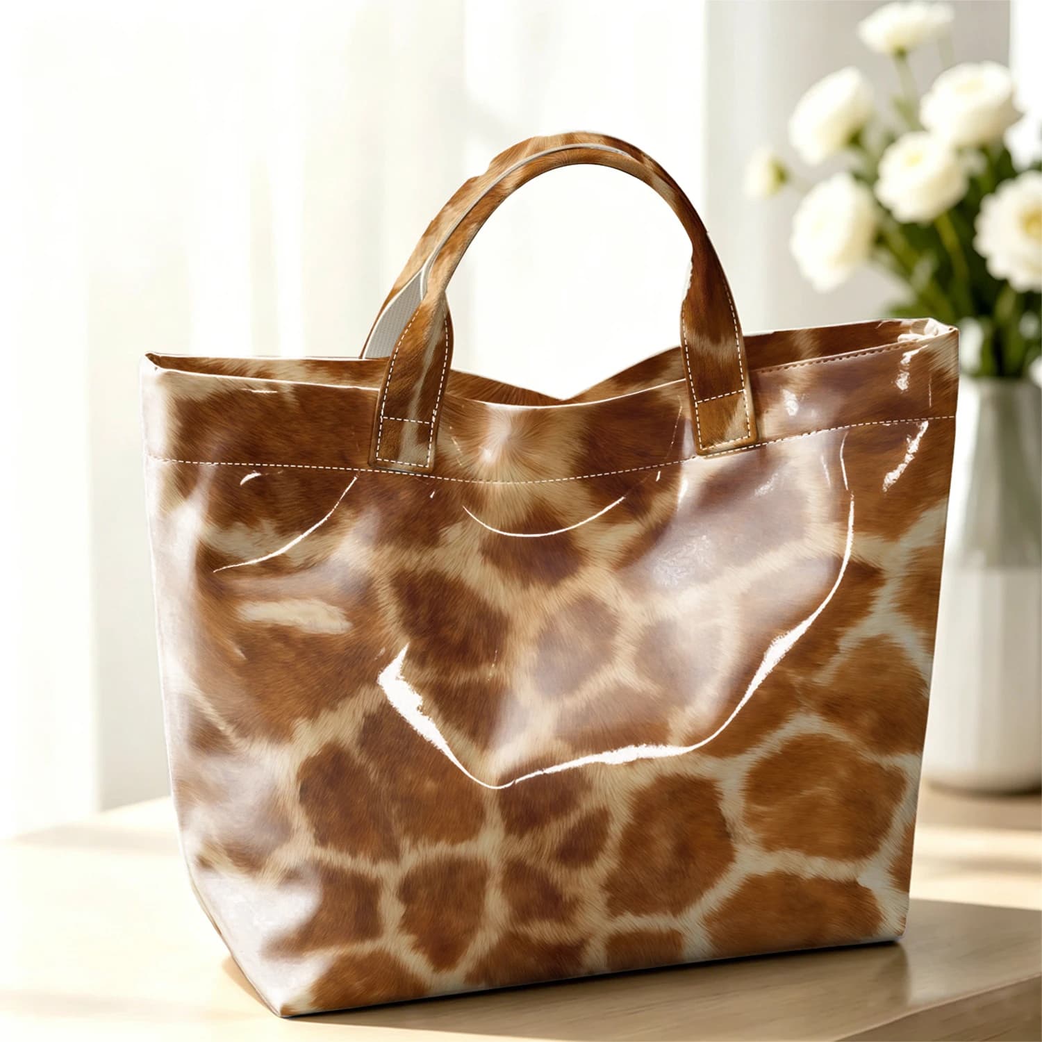 Giraffe Print Stylish Large Glossy PVC Tote Bag Washable Waterproof Durable Ideal for Travel Commute Cosmetics Books Handbags