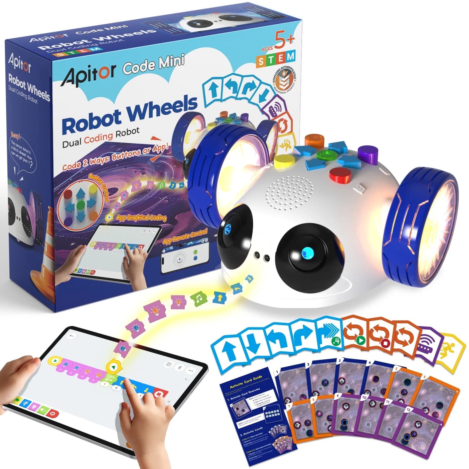 Apitor Mini Robot con Ruote, Robot a Doppia Codifica, Controllo Remoto tramite APP, Giocattoli Educativi STEM per Bambini dai 5-8 Anni, Regali per la Festa dei Bambini