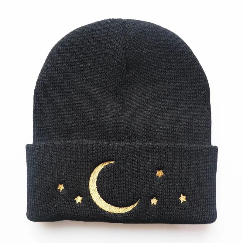Autumn Beanies for Men Knited Hat for Male Golden Moon Star Embroidery Beanies Warm Causal Hip Hop Outdoor Skullies for Women