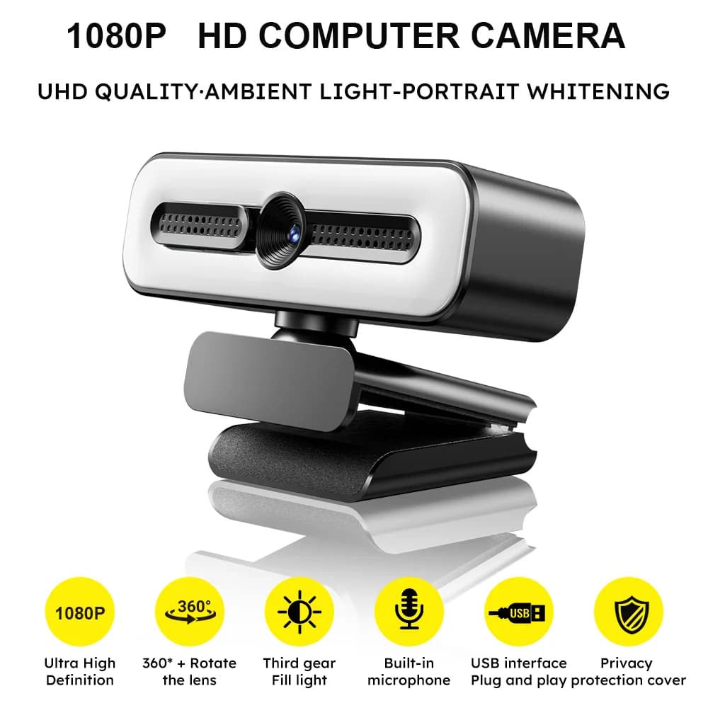 Telecamera HD Intelligente con Microfono e Slider per la Privacy, Luce di Bellezza a Tre Livelli, Ideale per Trasmissioni di Giochi in Diretta e Videoconferenze