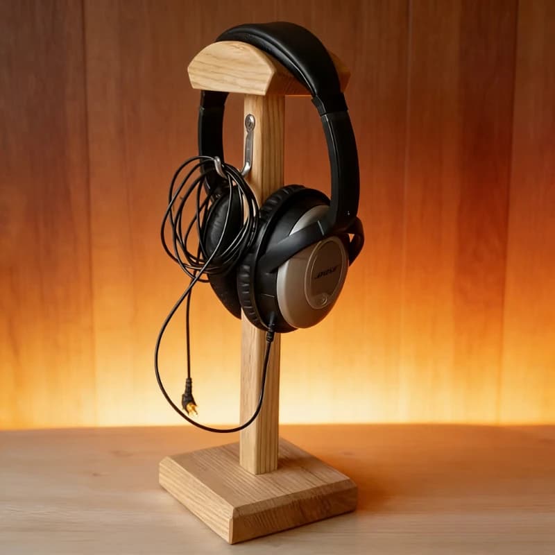 Supporto per Cuffie in Legno Massello di Castagno d'Acqua con Filo Curvo Doppio e Gancio, Espositore per Cuffie