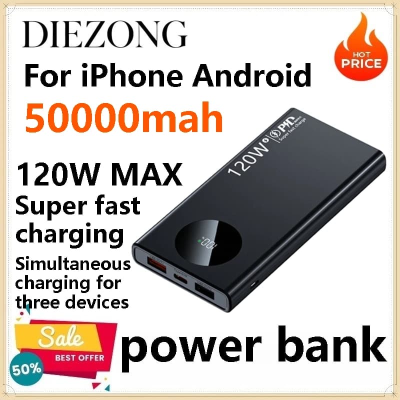 120W High Speed Quick Charge Power Bank 50000mAh Digital Screen Portable Mobile Power Supply for All IPhone Android