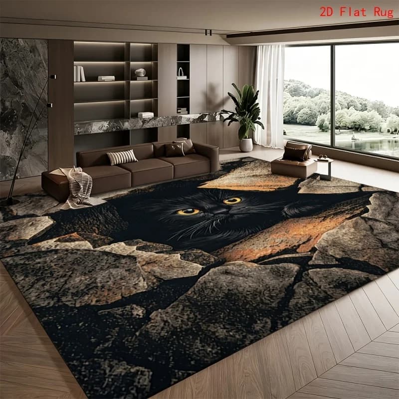 2D Black Cat Rock Crack Print Large Area Rug Soft Flannel Non Slip Floor Carpet for Living Room Modern Dark Style Bedroom Decor