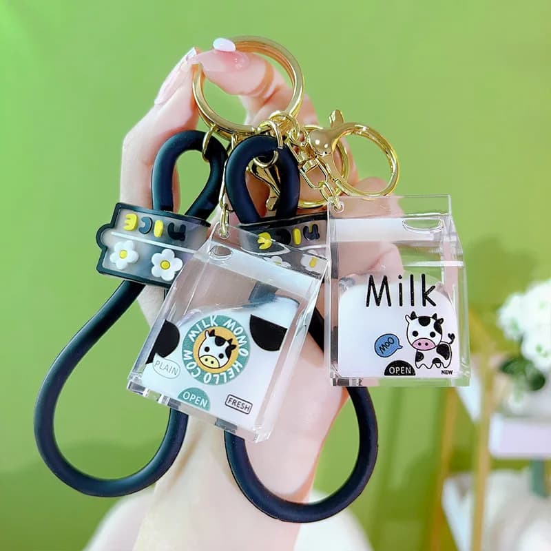 Semplice olio liquido latte cartone portachiavi cartone animato carino vitello sabbie mobili portachiavi borsa auto ciondolo portachiavi per le donne coppia regali