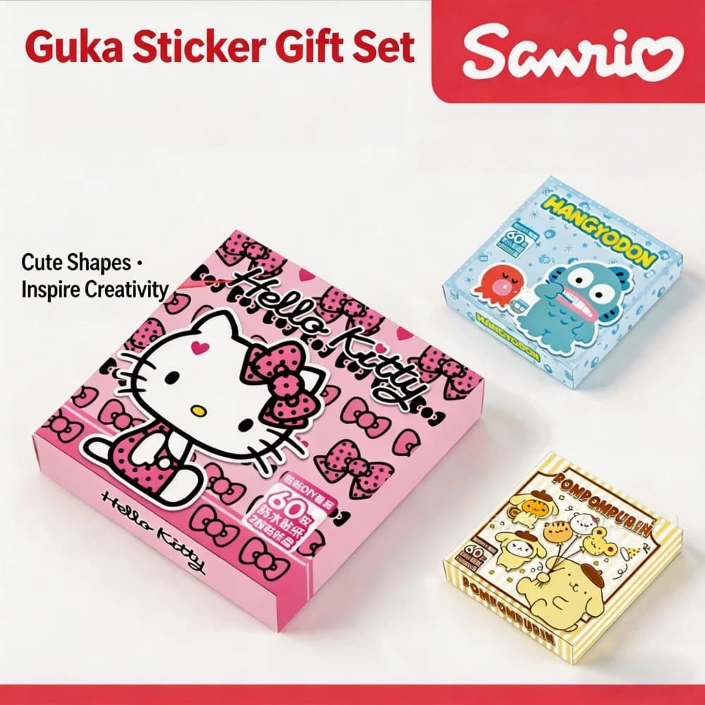 Genuine Sanrio Waterproof Sticker Set Toys 60 Pieces Cute Gift Box Hello Kitty Pompompurin Hangyodon Journal Scrapbooking