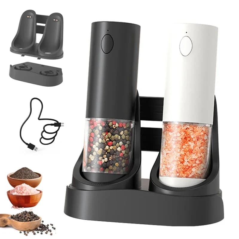 USB Rechargeable Electric Salt and Pepper Grinder Set with Charging Base Adjustable Coarseness Spice Mills Kitchen Tools