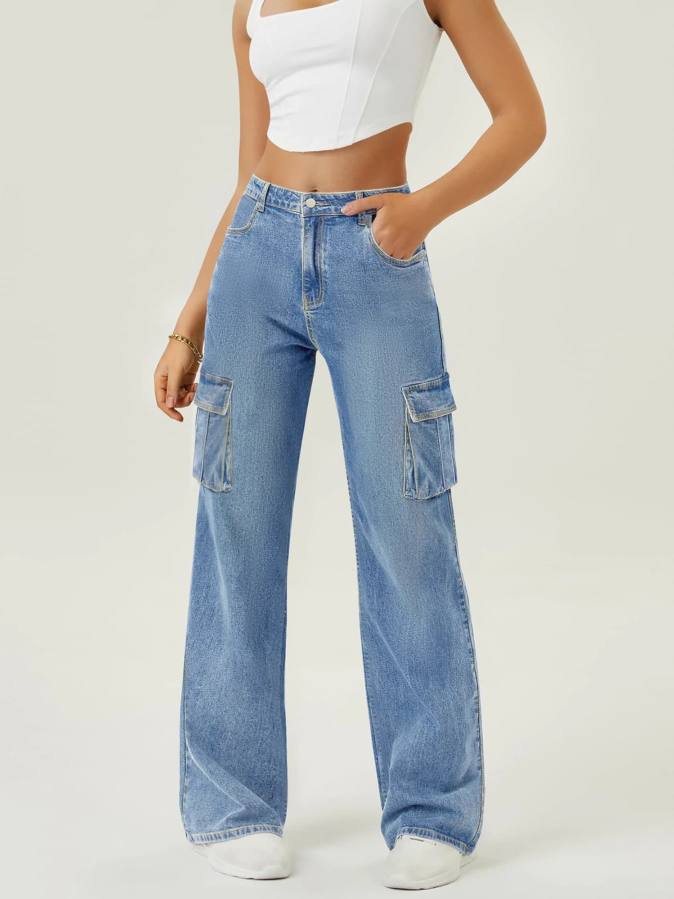 Jeans Cargo a Gamba Larga Blu Chiaro Washed for Women Plus Sizes, Denim Pants Casual Multitasche Dressability Wide with Contrast Stitching