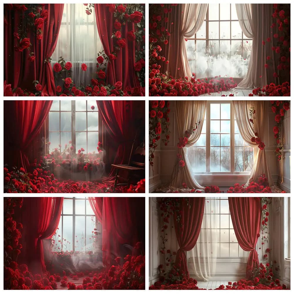 Sfondo Fotografico con Tenda a Rose Rosse, Fiori per Finestra, Decorazione per Addio al Nubilato, Matrimonio, Compleanno Adulti, Sfondo per Ritratti