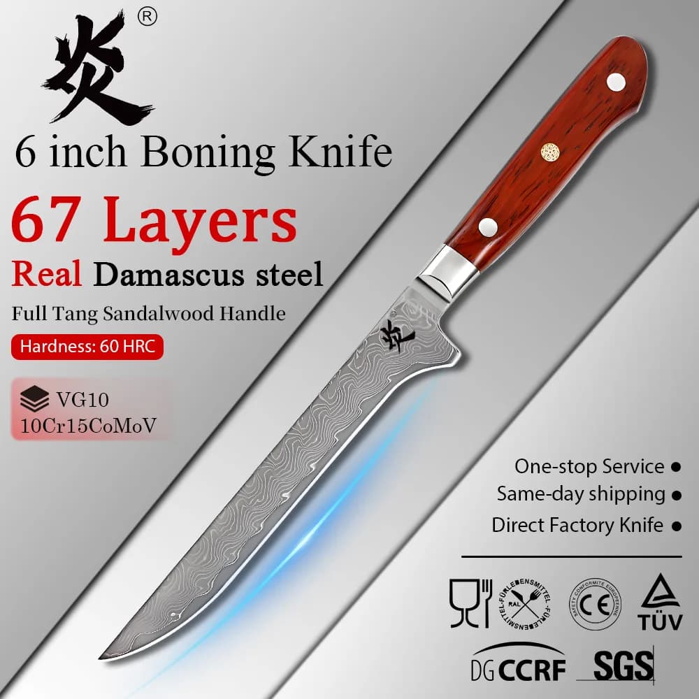 YAN Professional Japanese 6Inch Damascus Boning Kitchen Knife 67Layers VG10 10Cr15CoMoV Core Chef Santoku Sandalwood Handle