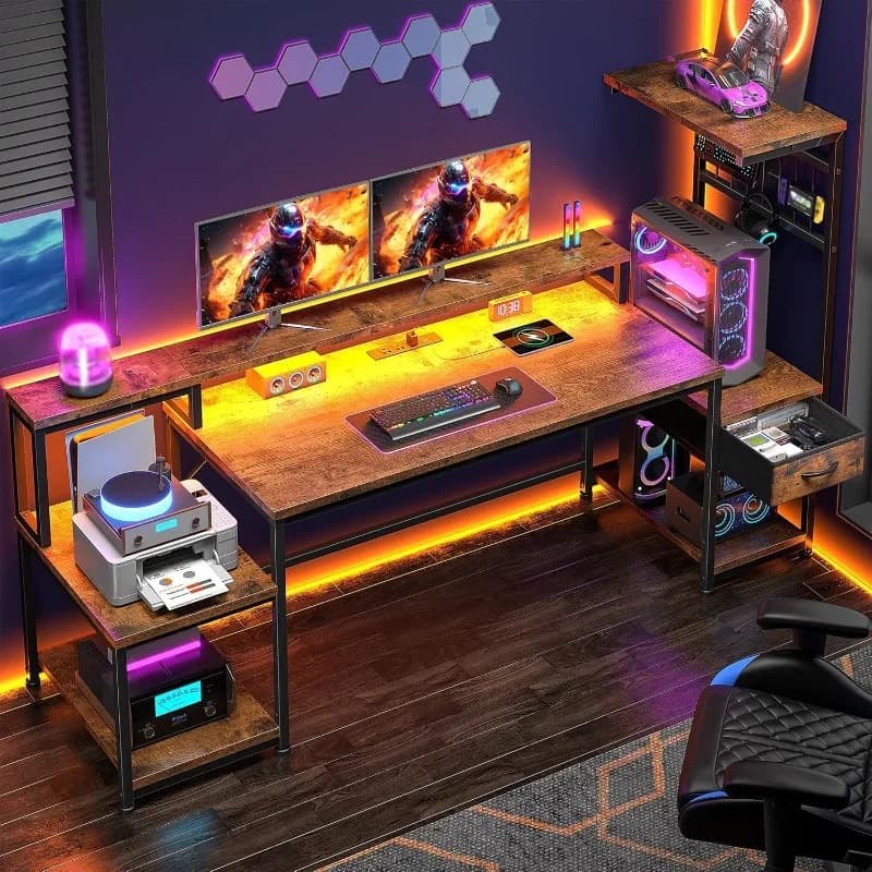 DurayLoly 63" Computer Desk with LED Lights & Outlets,Office Desk with Drawers Monitor Stand,Gaming Desk with 3 Storage Shelves