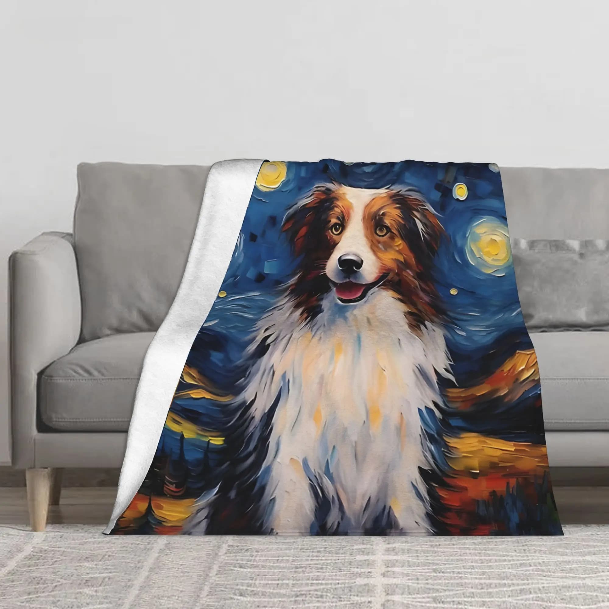 1PC Australian Shepherd Dog Starry Night Blanket Throw Blanket Novelty Warm Blanket All Season Gift