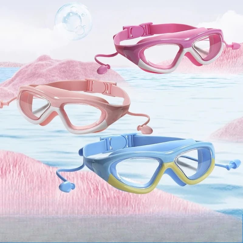 Occhialini da nuoto in silicone per bambini, montatura grande, tappi per le orecchie monopezzo, occhiali antiappannamento e antinadipazione ad alta definizione