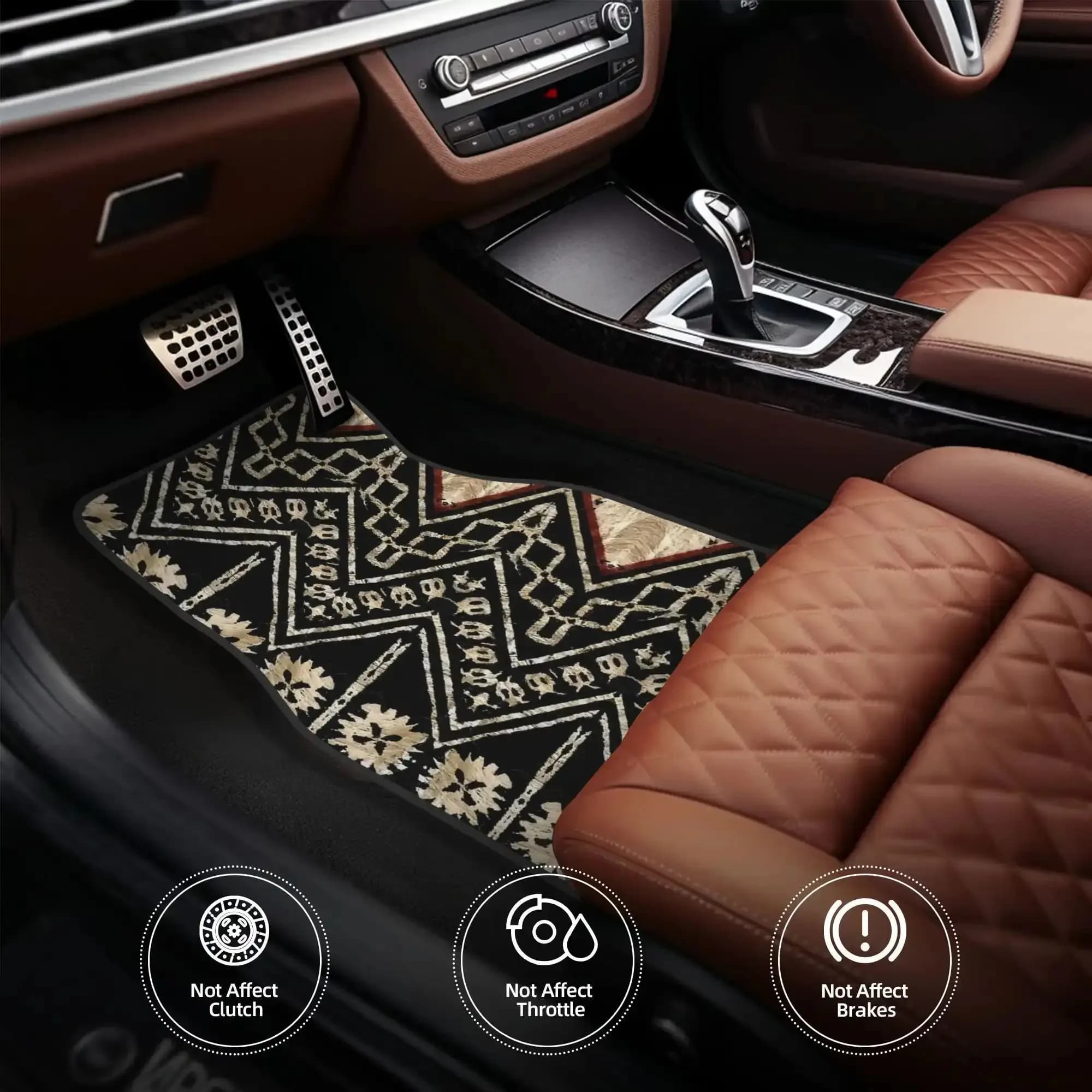 4pcs Fijian Tapa Cloth Style No.38 Car Floor Mats - Hypersphere Series, Bark Mud Cloth Design, Crystal Velvet Material, Unique V