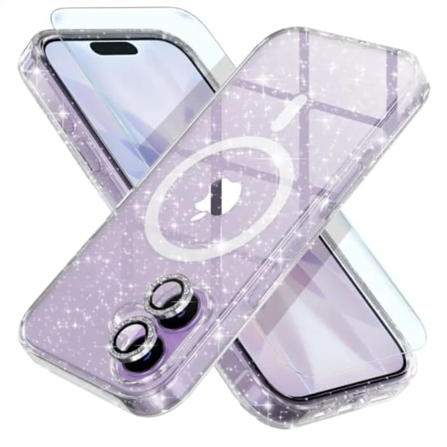 Magnetic for iPhone 17 Case Compatible with MagSafe, Women Cute Glitter Sparkly Phone Case with Diamond Camera Lens Protectors,