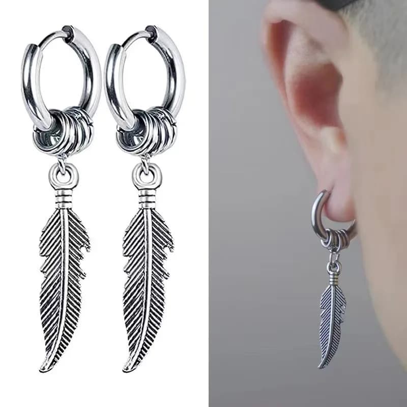 1 paio di orecchini a cerchio penetranti in acciaio inossidabile nero con piume a foglia per donne maschili gioielli vintage punk accessori Y2K tendenza insolito