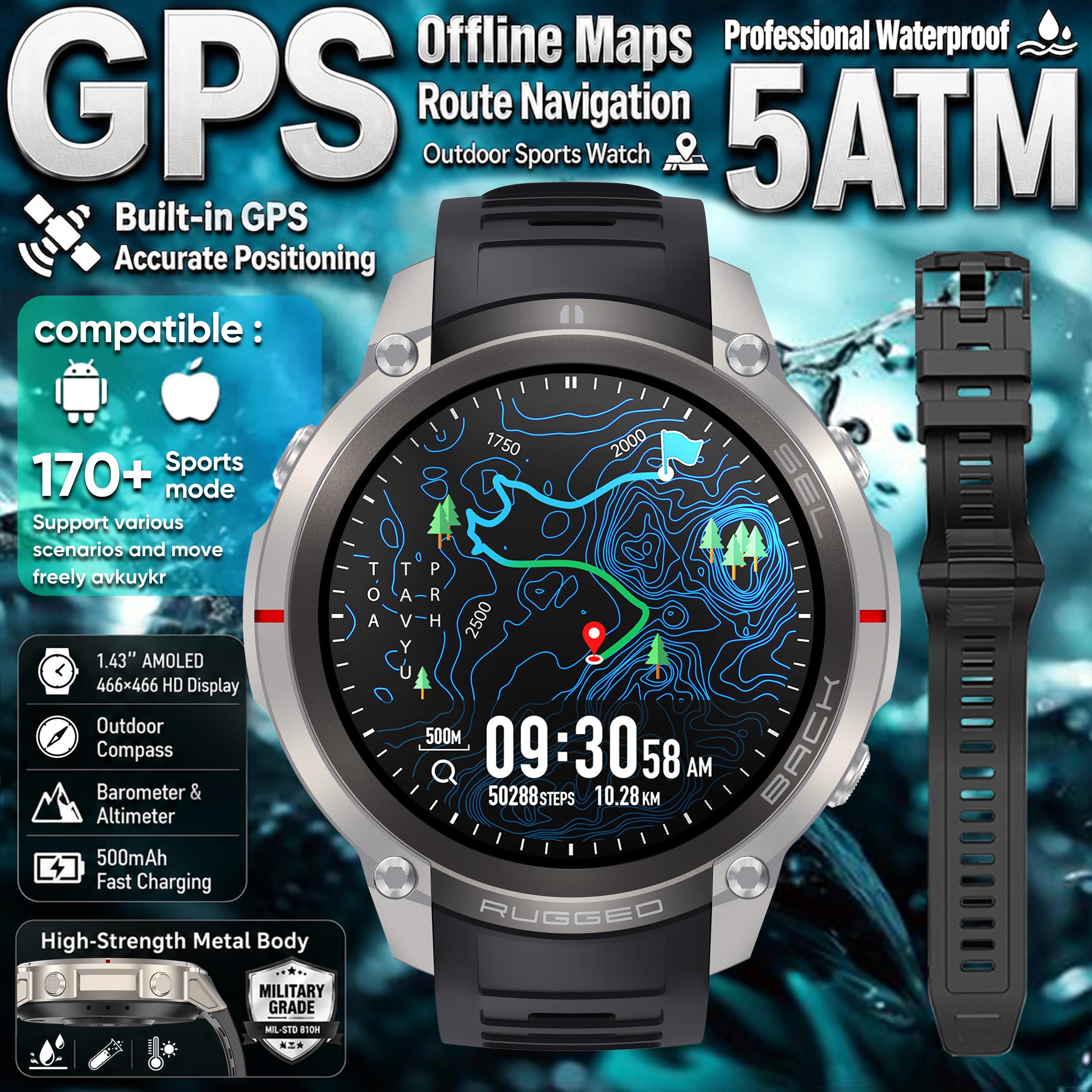 Newly upgraded Men GPS Smart Watch 5ATM Waterproof Built-in AGPS Offline Map Barometer Altitude Compass Swim Sport Smartbracelet