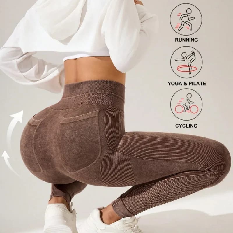 Leggings Yoga Donna a Vita Alta con Tasche, Effetto Lavato, Controllo Pancia, Asciugatura Rapida, per Corsa Outdoor, Fitness e Sport, Pantaloni Moda