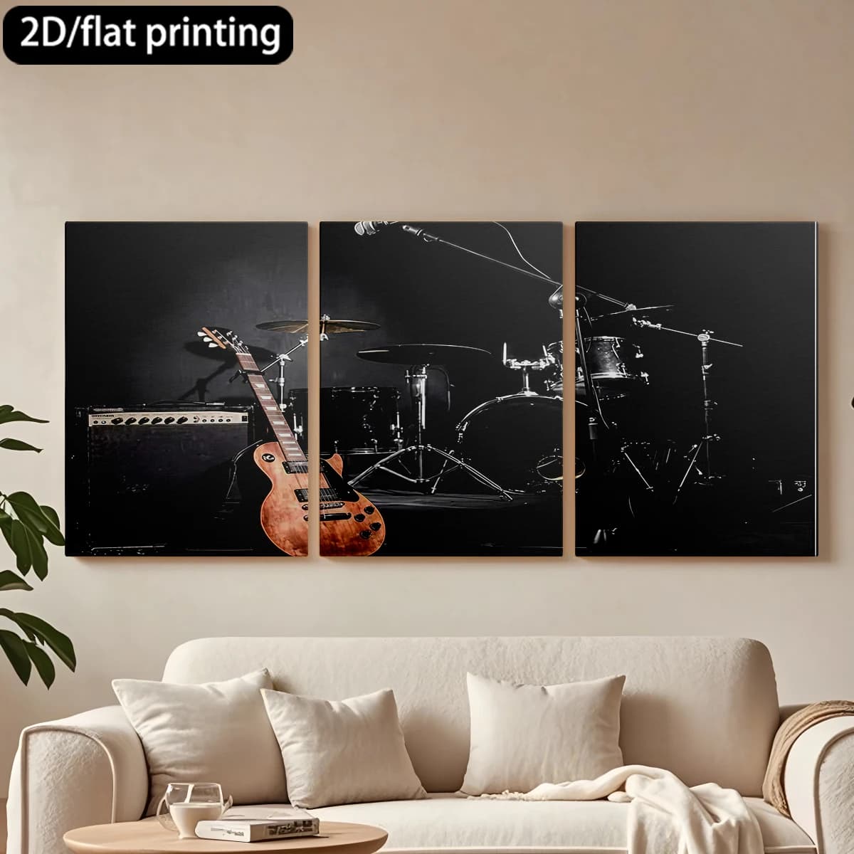 Stampa piatta 2D, quadro decorativo su tela con cornice in legno a 3 pezzi, strumenti musicali: chitarra, batteria. Decorazione per corridoio e camera da letto.
