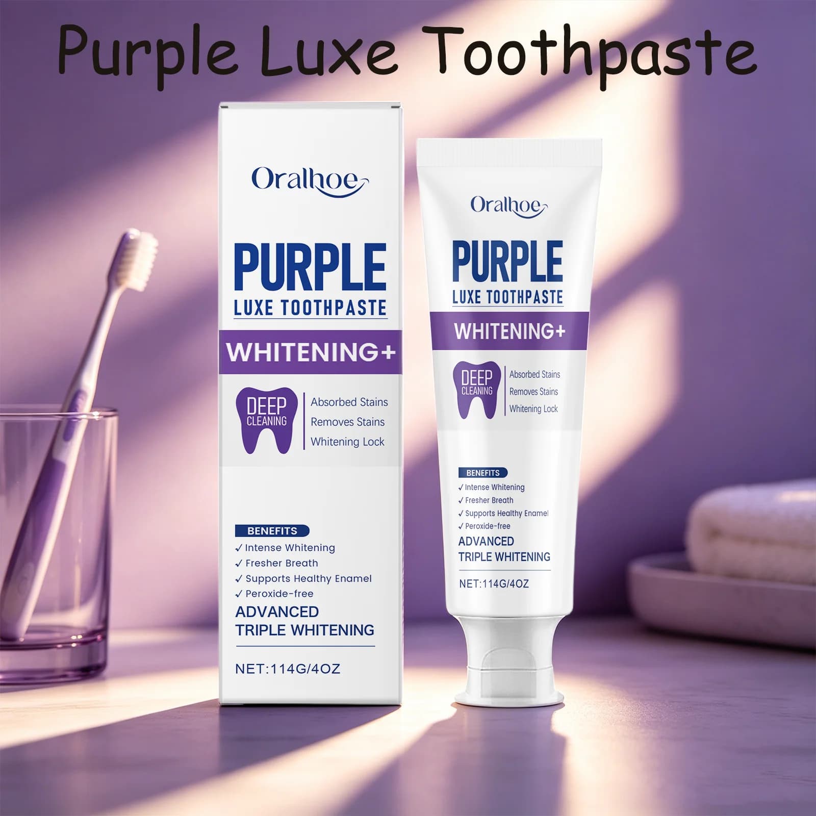 114G Purple Luxe Toothpaste Gentle Formula Clear Dental Stains Brighten Yellow Teeth Keep Mouth Fresh Whitening Toothpaste