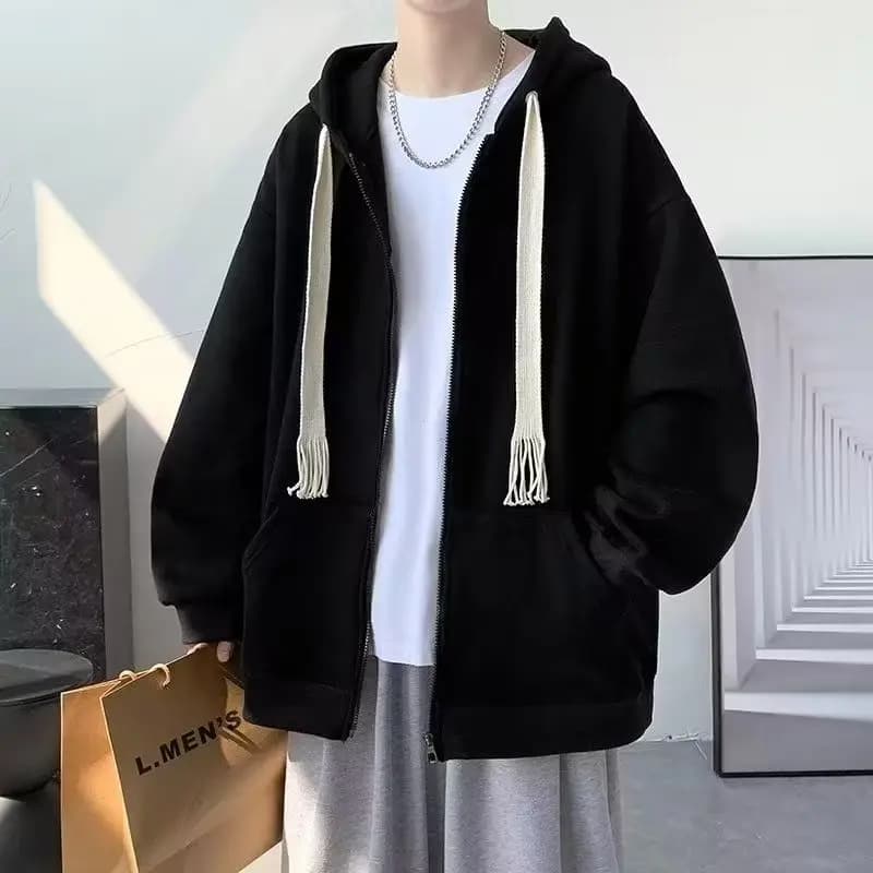 Cool Men's Hoodie Zipper Style Loose Fit Autumn Winter Fashionable Streetwear Couple's Jacket Polyester Fabric Pure Color