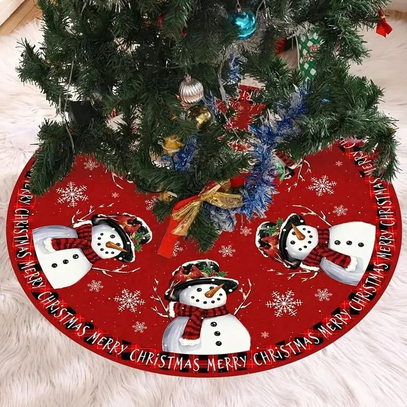 VIKAMA Christmas Tree Skirt Red Snowman Plaid Scarf Round Tree Base Mat Non Slip Holiday Home Decor