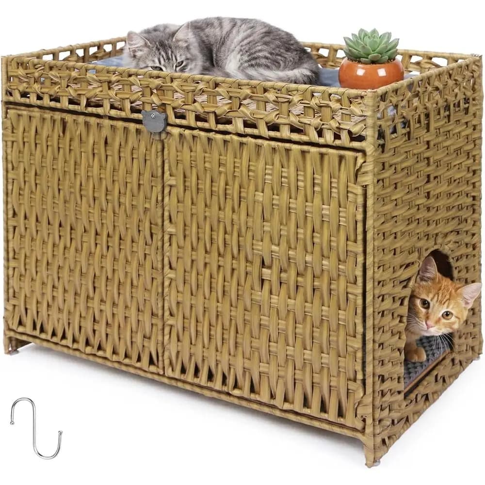 Mobiletto per lettiera per gatti, uno spazio chiuso e rilassante scelto dagli animali domestici, mobiletto nascosto in rattan intrecciato a mano con 2 tappetini rimovibili
