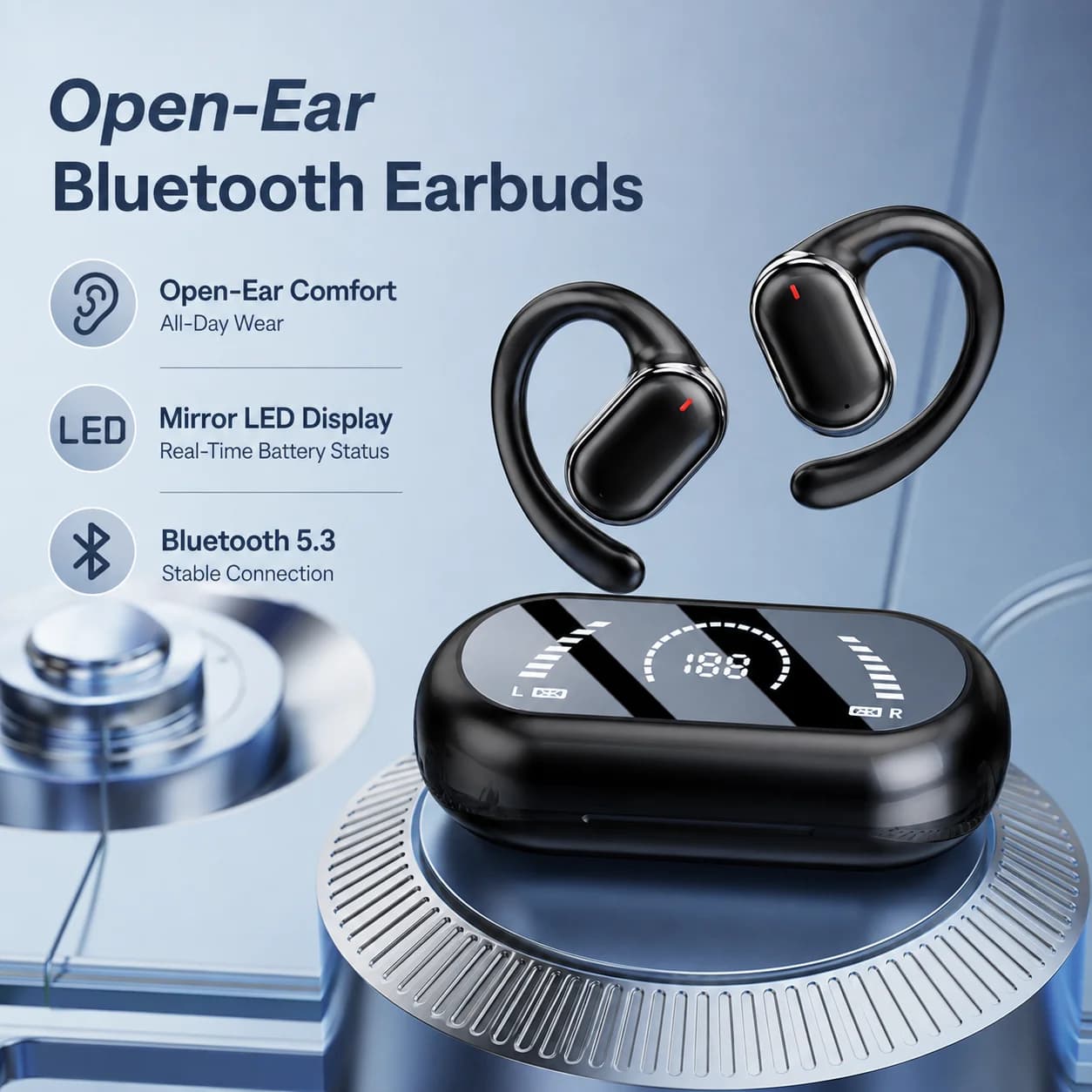 Earbuds Open-ear Bluetooth 5.3 ENC Wireless Earphones with Mirror Display, 13mm Driver, 50H Playtime Ear Hook Stereo Sound