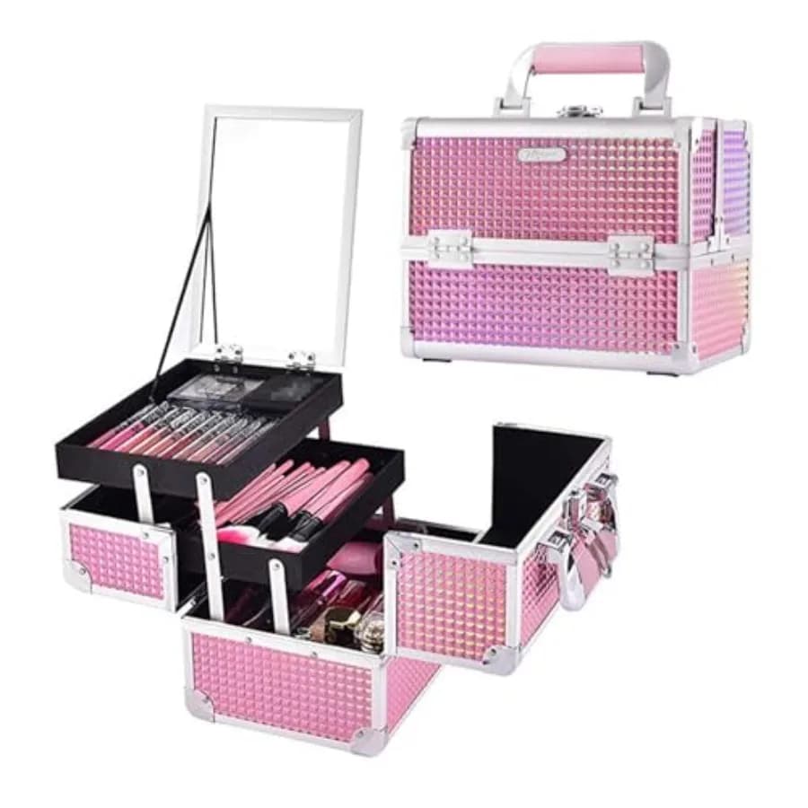 Valigetta per Trucco, Organizer Portatile per Cosmetici con 2 Vassoi, Specchio e Chiusura, Valigetta da Viaggio per Trucco e Unghie